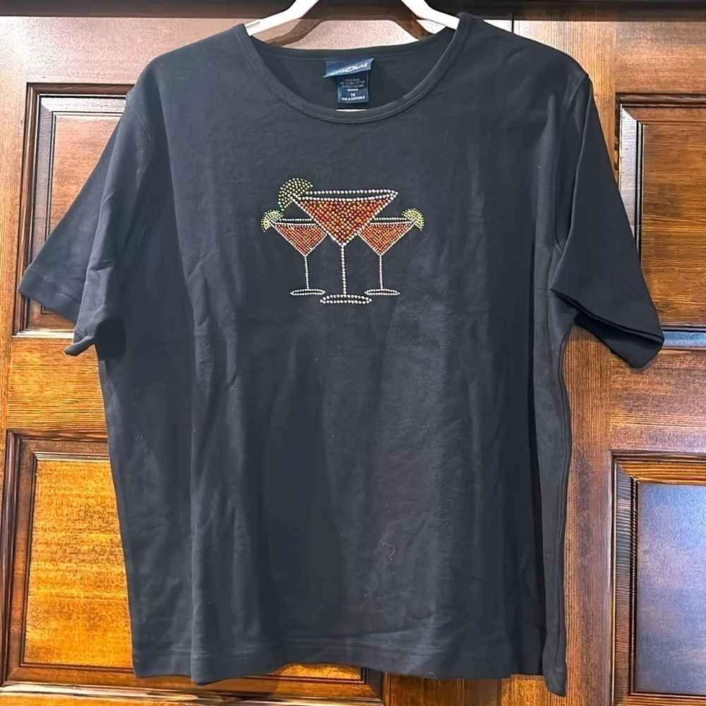 Vintage Black Short Sleeve Tee with Rhinestone Martini Graphics